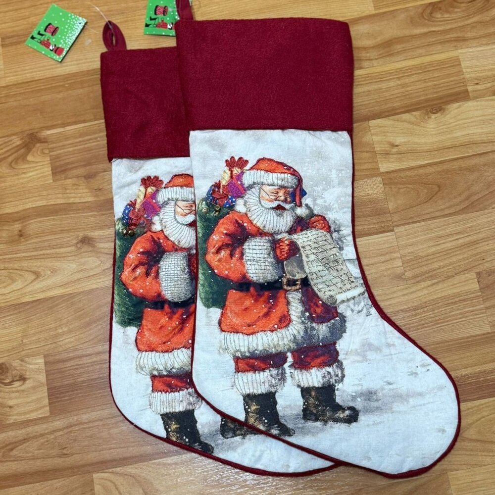Two NEW Santa Christmas Stockings 8" X‎ 20" Red With Santa Print By World Market